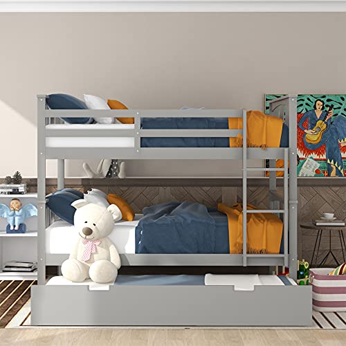 Twin Over Twin Solid Wood Bunk Bed with Stairs Slide Desk Storage Drawers Shelves Gray A670093