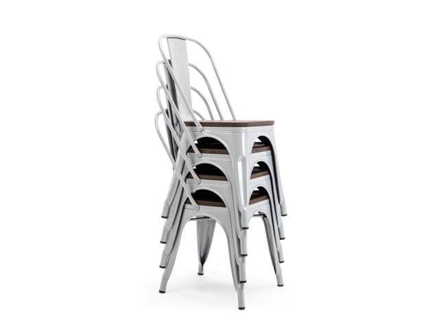 Metal Stackable Bistro Dining Chairs Set of 4 Wood Seat P57063