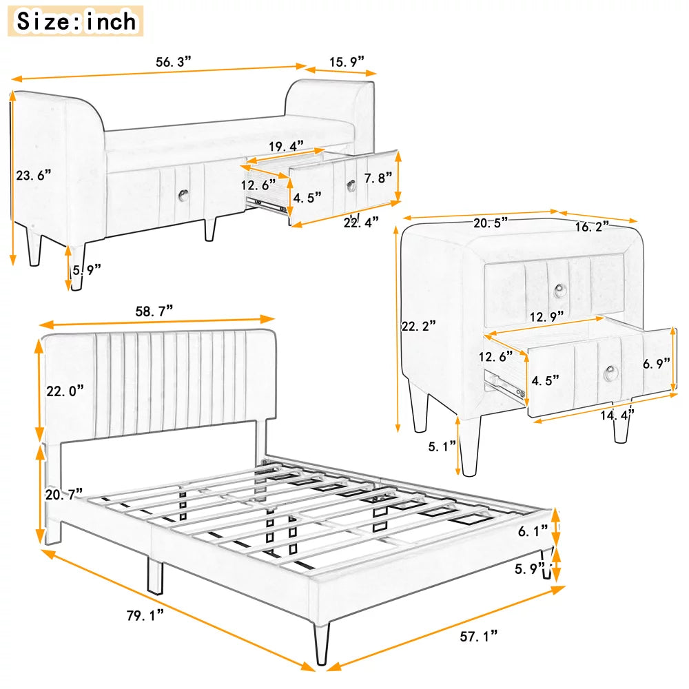 Full Size Upholstered Platform Bed with Two Nightstands and Storage Bench Q68026