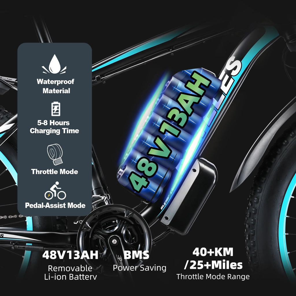 750W 48V 13AH Removable Battery 26" Fat Tire Electric Bike U6097