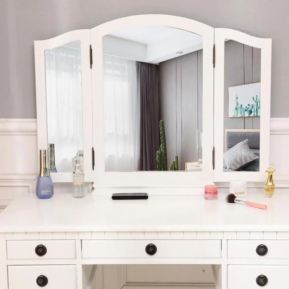 Tri-Folding Vanity Set with Cushioned Stool and 5 Storage Drawer Y802241