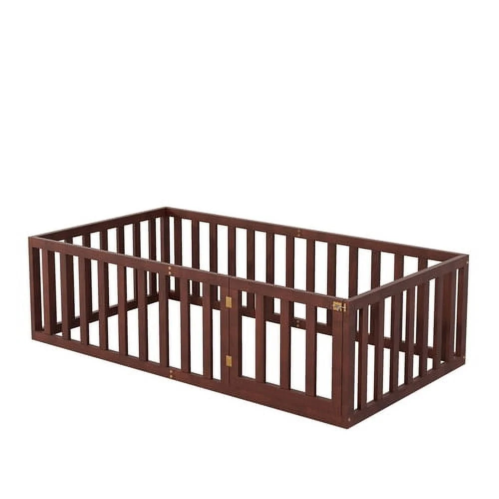 Twin Size Solid Wood Floor Bed Frame with Fence and Door E771938