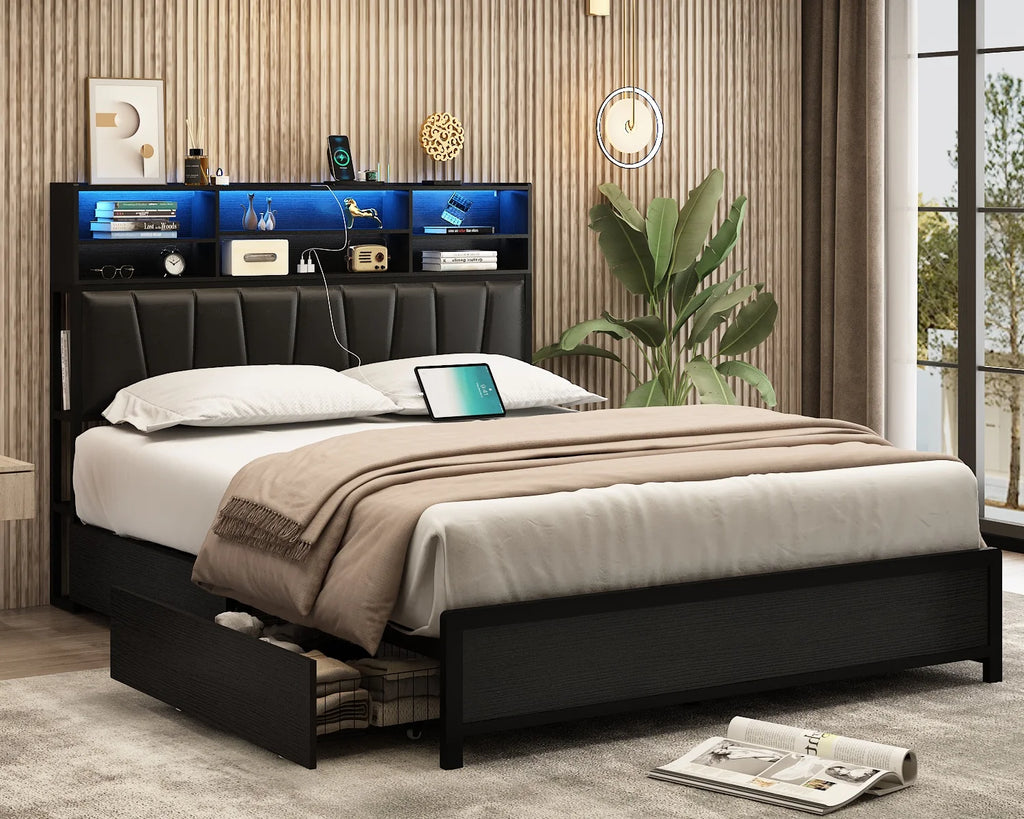 White Queen Size LED Platform Storage Bed Frame with Charging Station P894927
