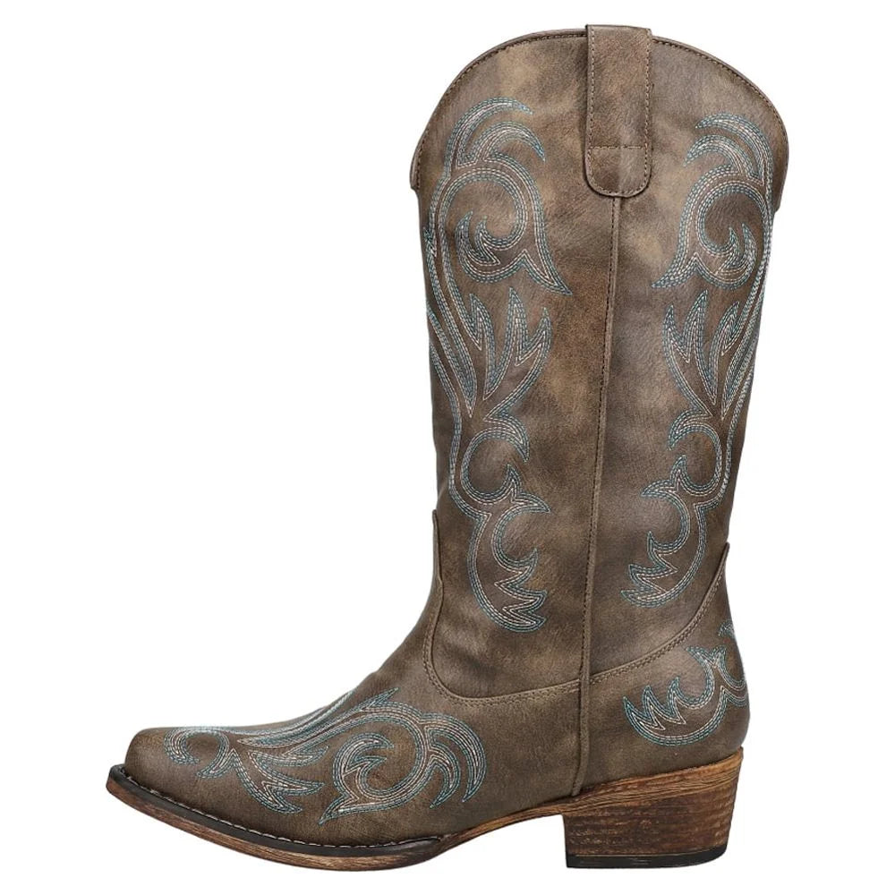 Mid Calf Low Heel 1-2" Round Toe Cowboy Boots V287