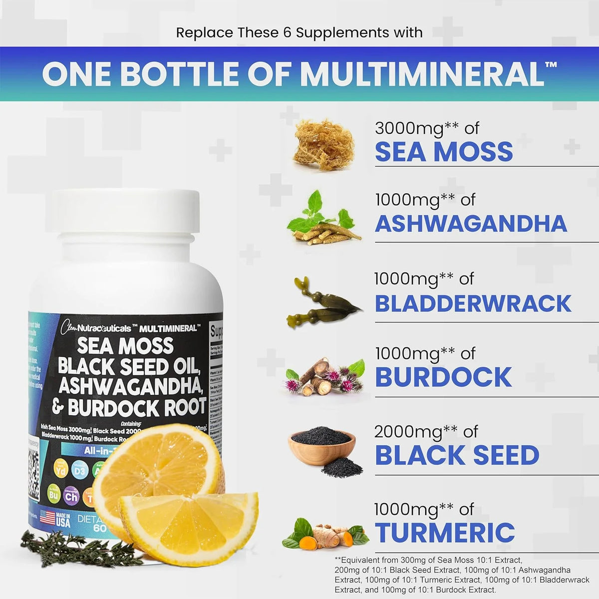 Sea Moss Black Seed Oil Ashwagandha Turmeric Bladderwrack Burdock Vitamin C D3 R7372