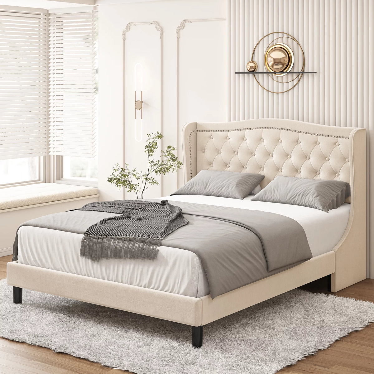 King Bed Frame with Wing-Back Button Tufted Headboard F327544