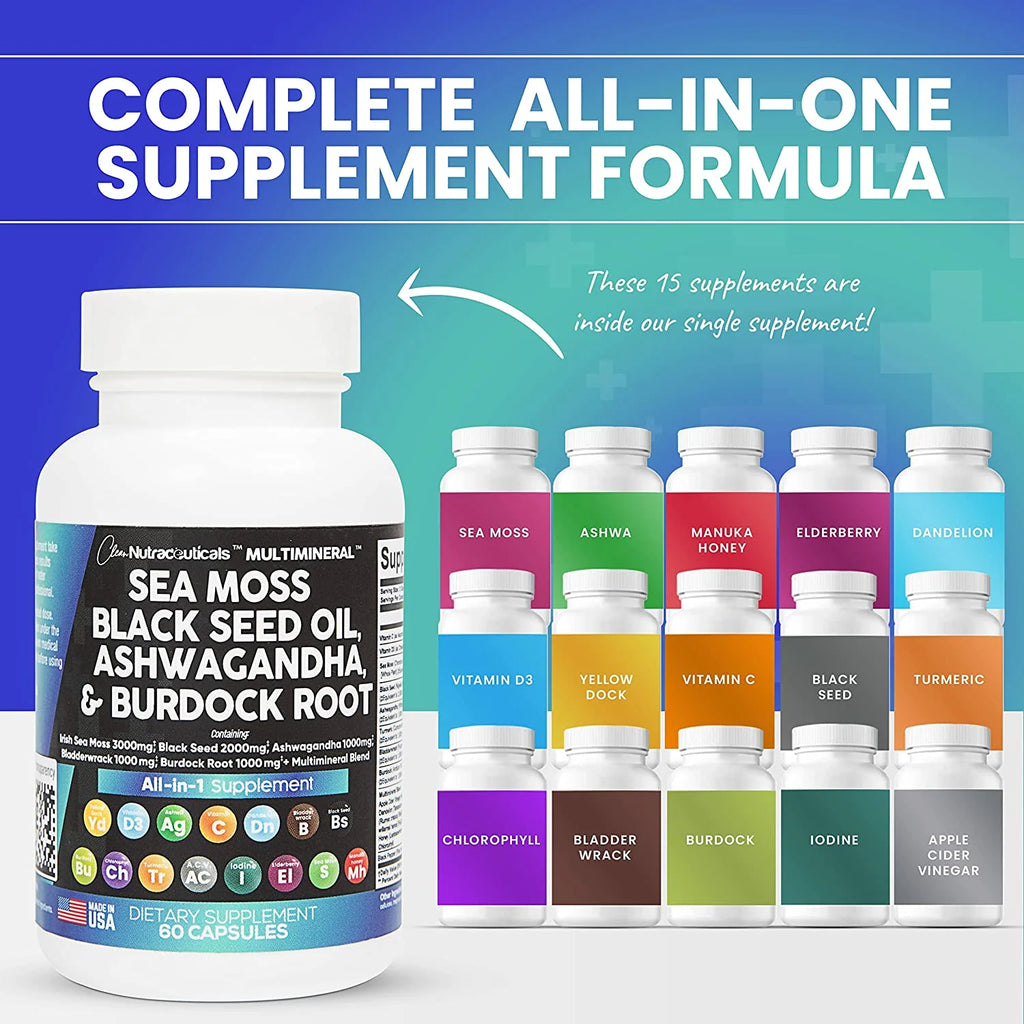 Sea Moss Black Seed Oil Ashwagandha Turmeric Bladderwrack Burdock Vitamin C D3 R7372