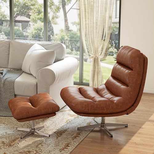Brown PU Leather Oversized Swivel Accent Chair with Ottoman Z86008