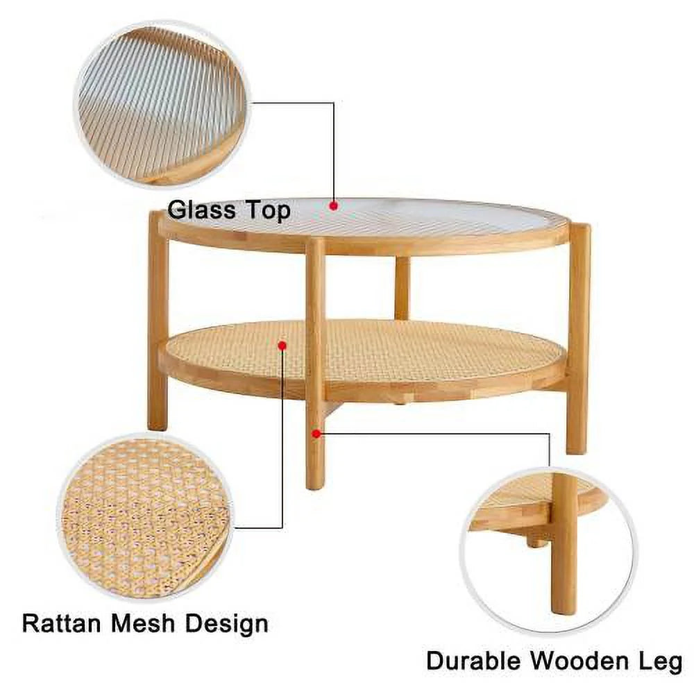Round 2-Tier Glass Coffee Table with Solid Wood Legs H305692