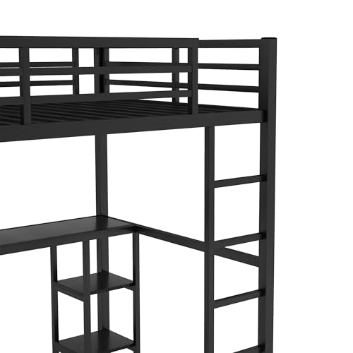 Queen Size Black Metal Loft Bed with Wardrobe and Desk Y69698