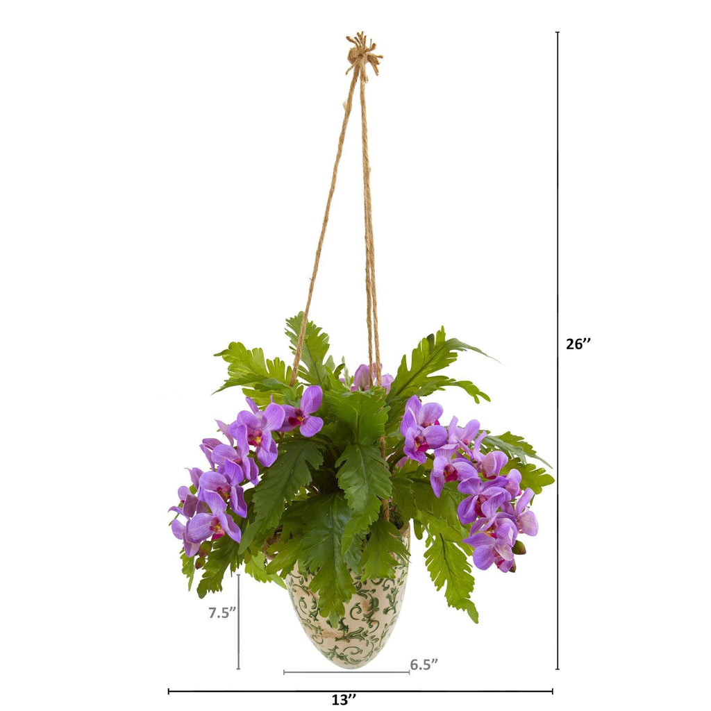 26x22 Orange Artificial Orchid and Fern in Hanging Vase G1621
