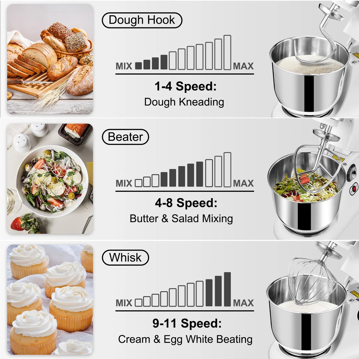 600W 11 Speed Tilt Head Stand Mixer 7.4 Quart Bowl 3 Attachments F188