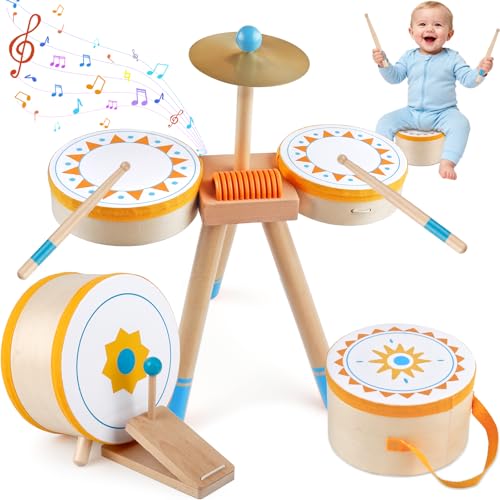 Wooden Kids Drum Kit with Cymbal, Pedal Bass Drum & 2 Drumsticks I482858