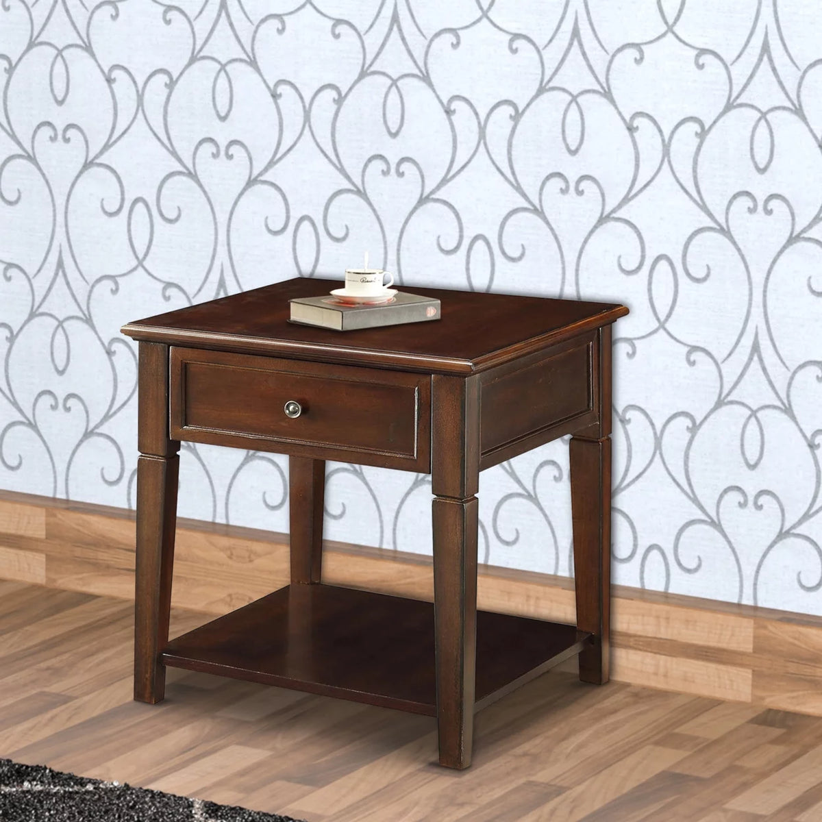 Walnut Brown Wooden End Table with One Drawer and One Shelf Y8921