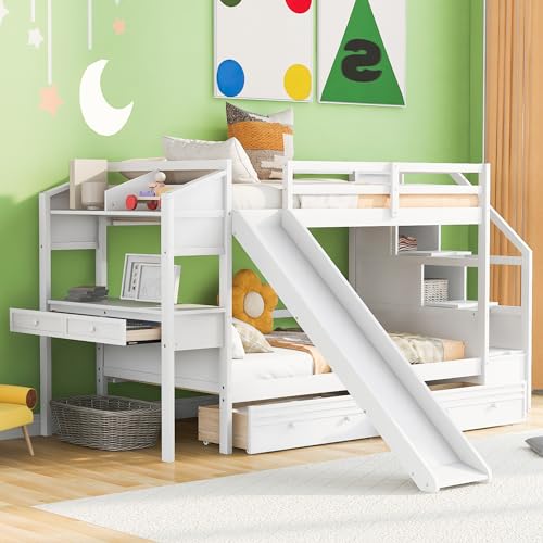 Twin Over Twin Solid Wood Bunk Bed with Stairs Slide Desk Storage Drawers Shelves Gray A670093