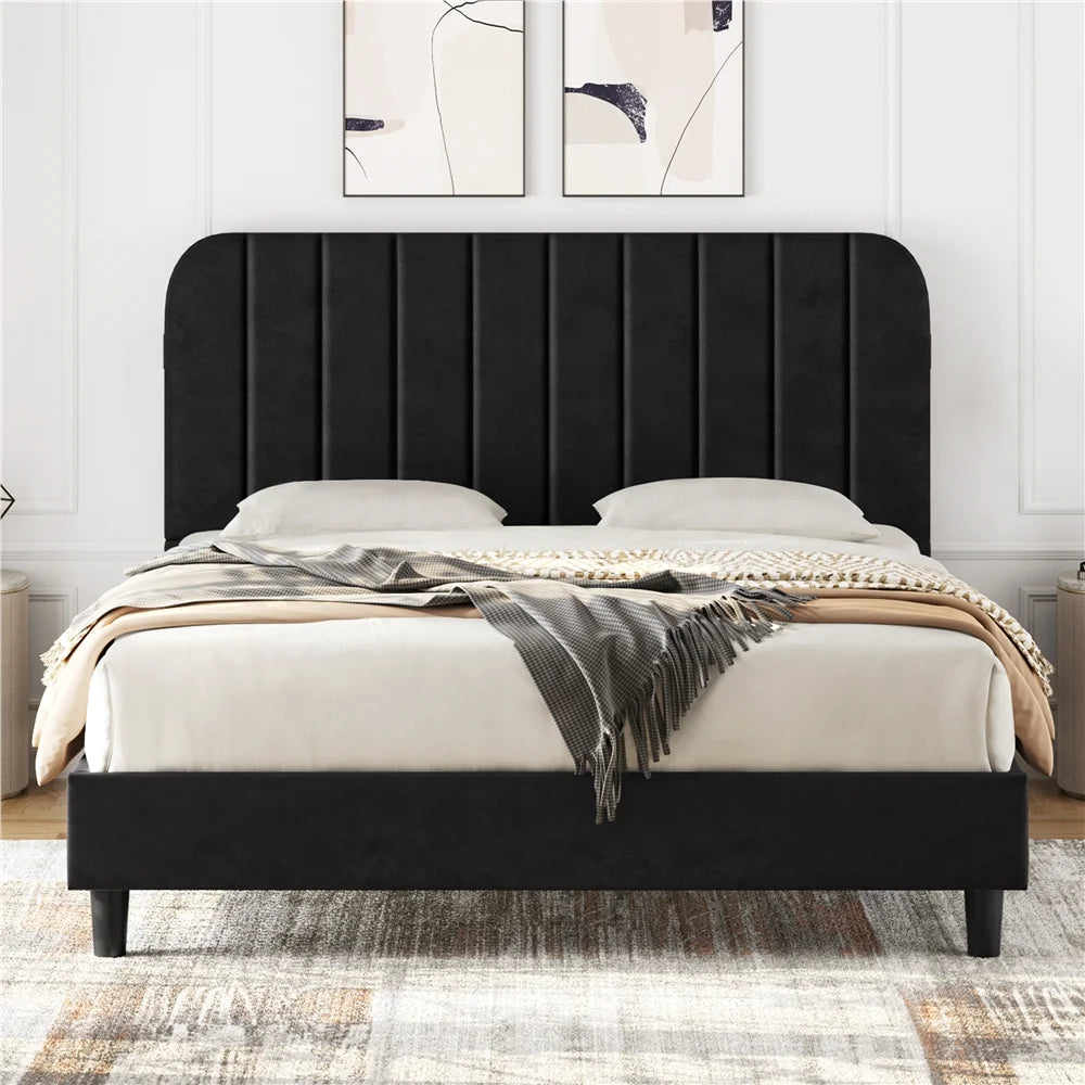 Black Upholstered Queen Platform Bed with Headboard B42786