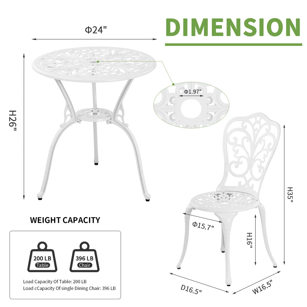 White Bistro Table and Chairs Set of 2 with Umbrella Hole E8352
