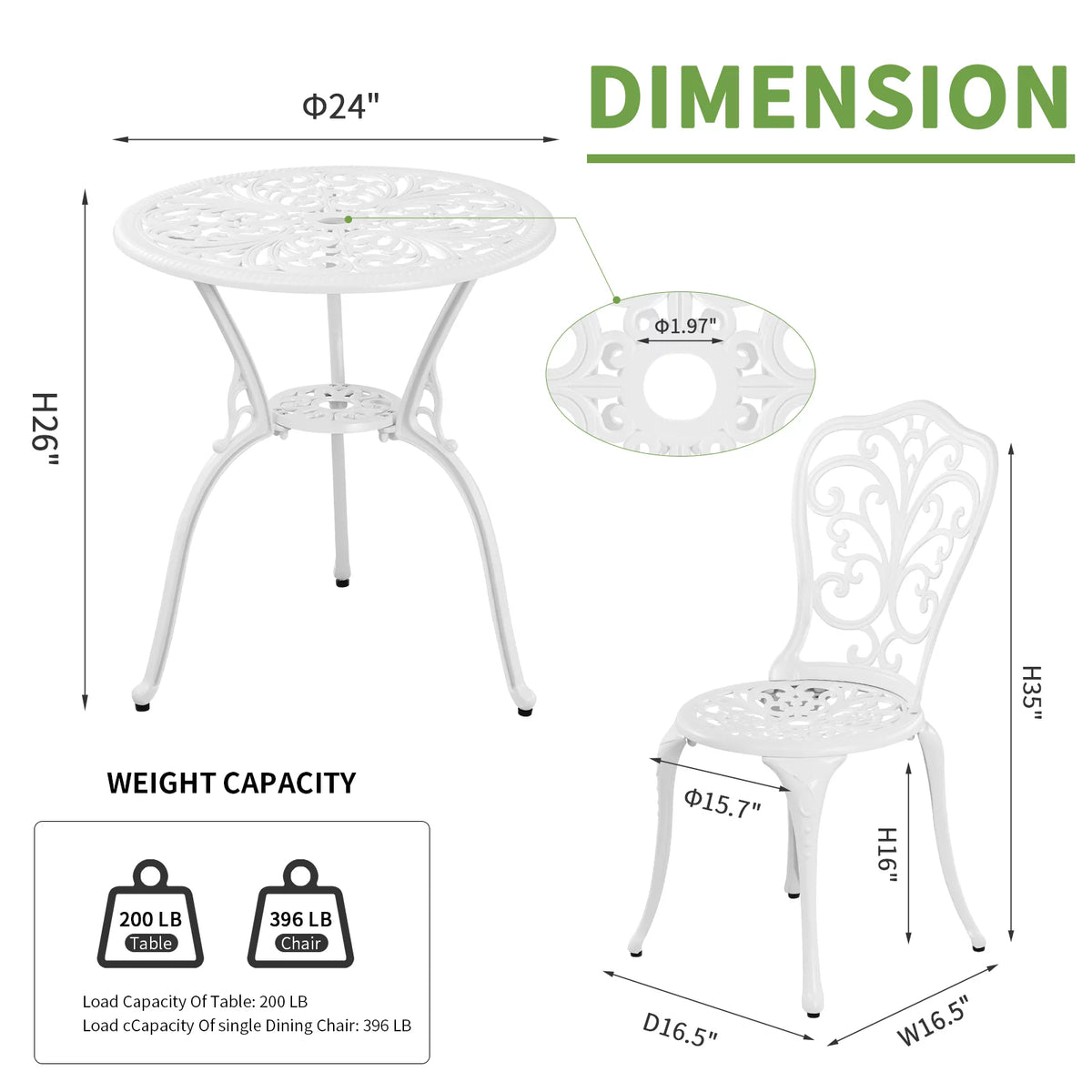 White Bistro Table and Chairs Set of 2 with Umbrella Hole E8352