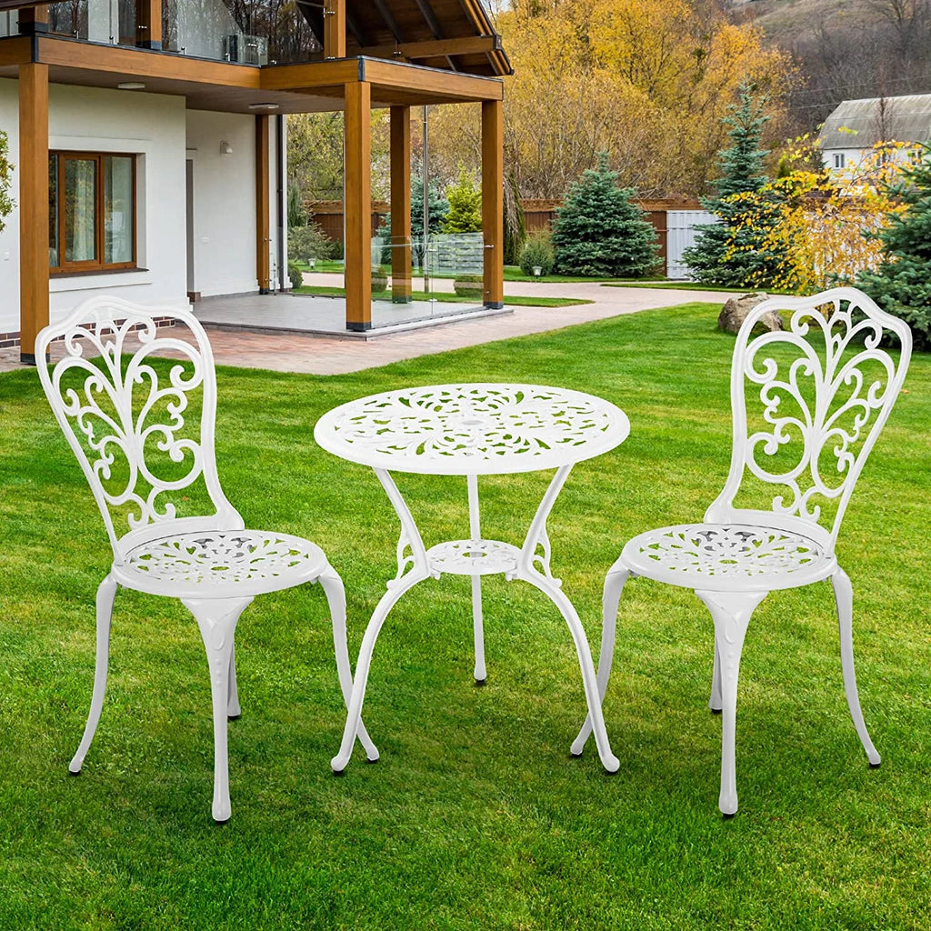 White Bistro Table and Chairs Set of 2 with Umbrella Hole E8352