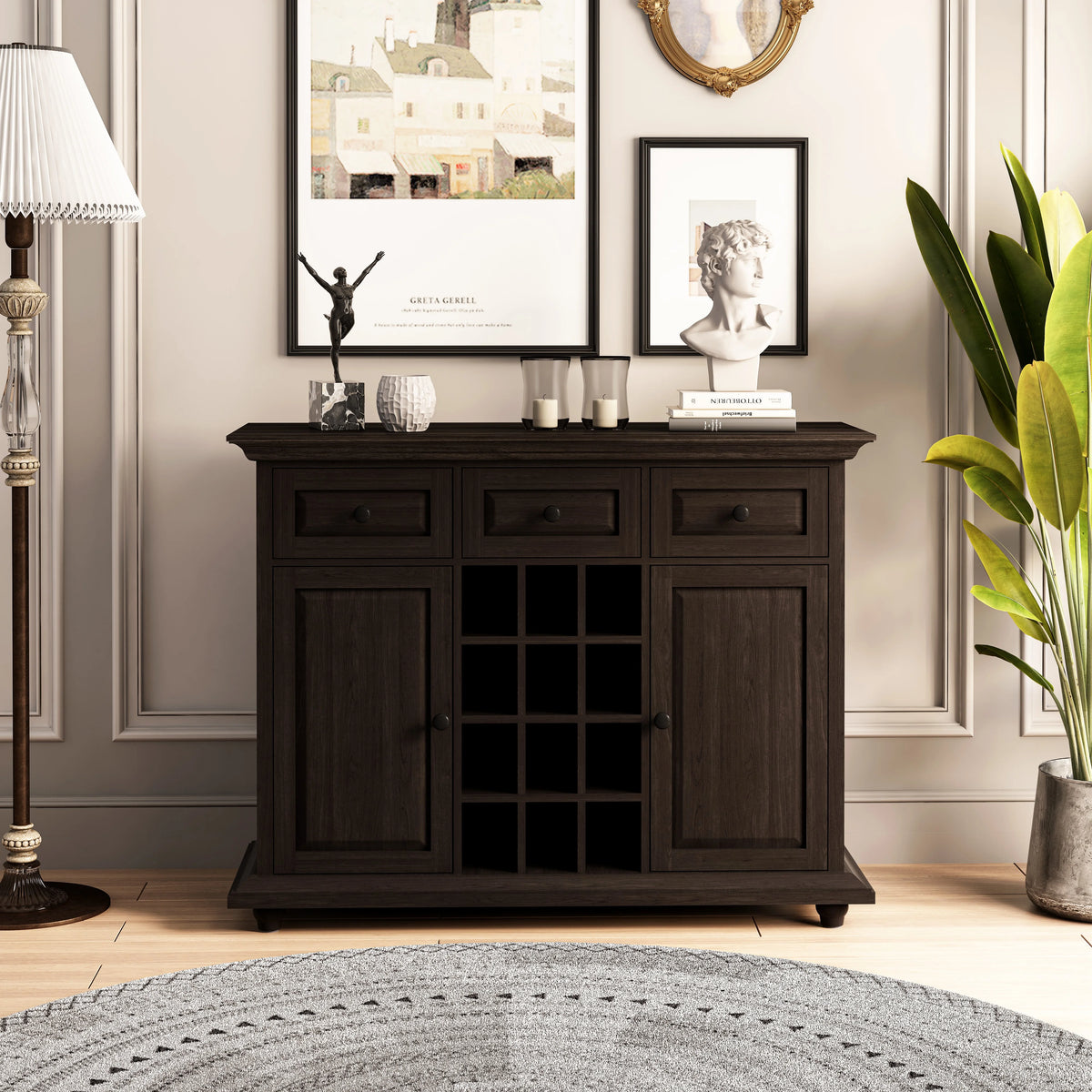 Vintage Style 3-Drawer 2-Door Storage Cabinet with Wine Rack H960746