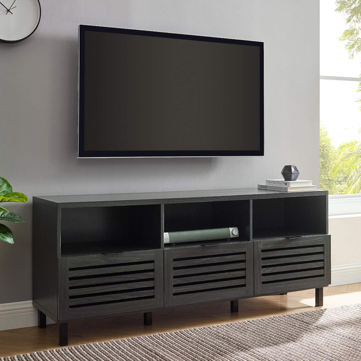 Modern Wood TV Stand with Slat Doors, 58 Inch, Dark Walnut F82504