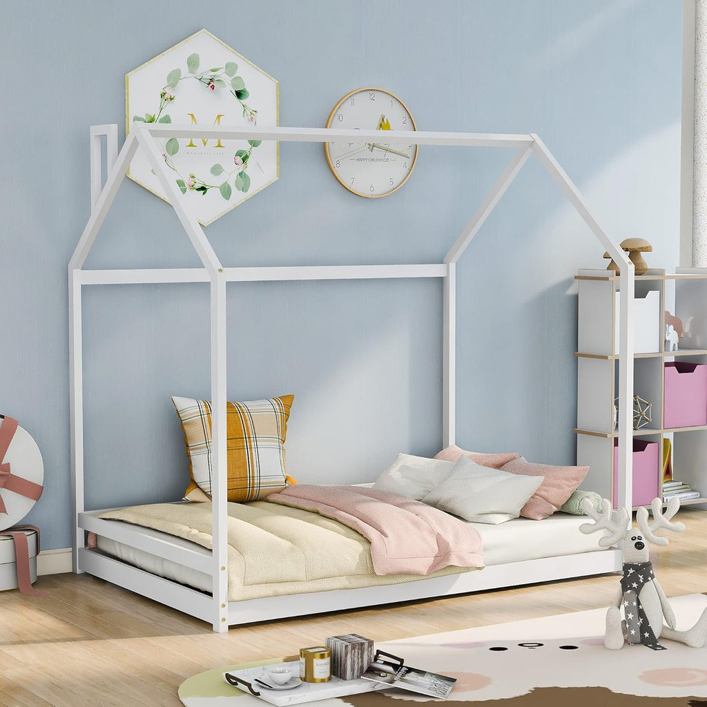 White Twin Size Wood Platform Bed with Trundle and Roof F665