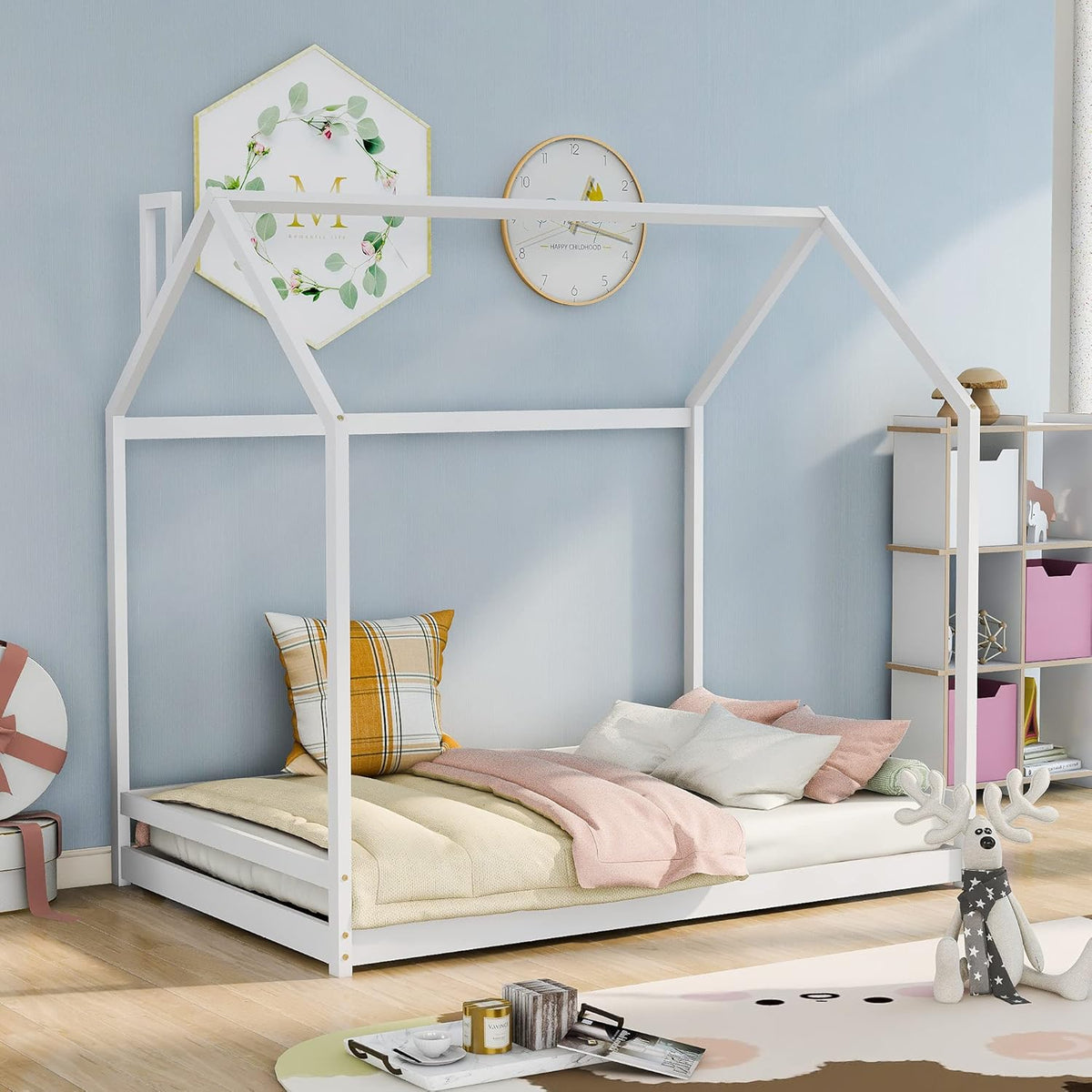 White Twin Size Wood Platform Bed with Trundle and Roof F665