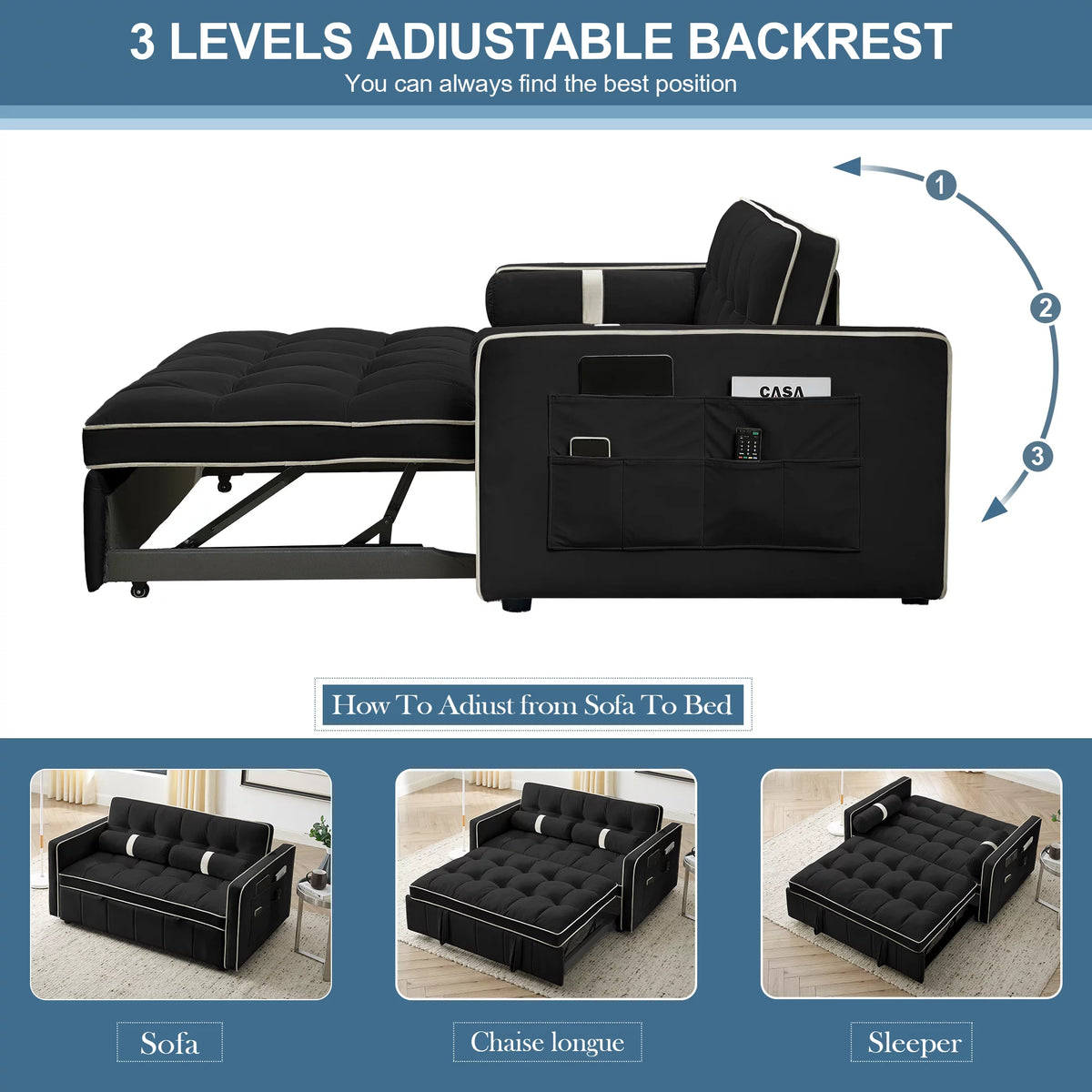 Black Velvet Pull Out Sofa Bed V10600