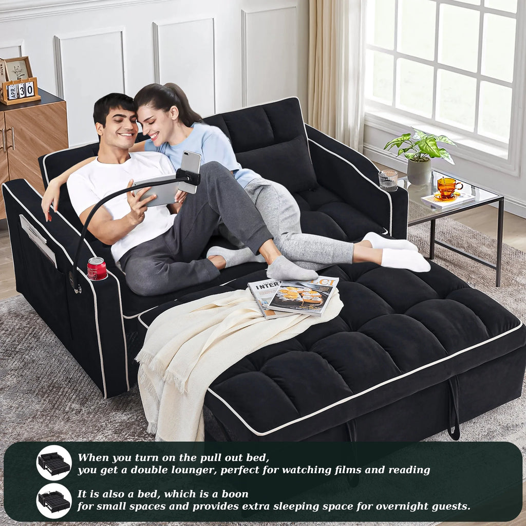 Gray Velvet Pull Out Sofa Bed with USB Port J353125
