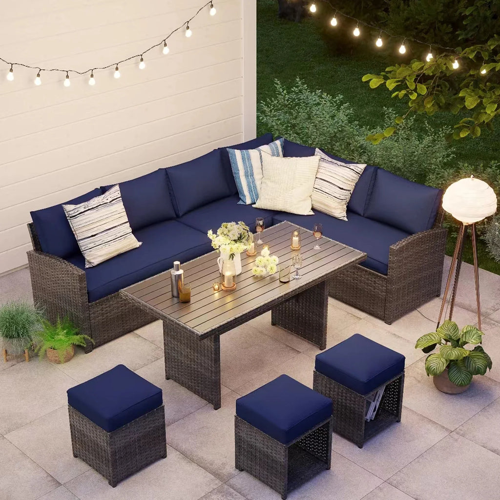 7 Piece Patio Furniture Set with Dining Table and Ottomans C4095