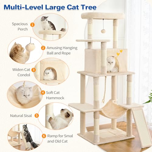63in Multi-Level Cat Tree Tower with Sisal Scratching Posts, Condo, Hammock, Dangling Ball and Extended Platform, Dark Grey C928992