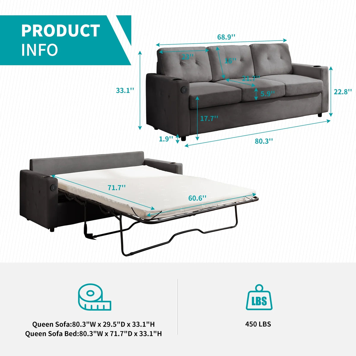 Queen Size Pull Out Sofa Bed with 2 Cup Holders and Dual USB O57356
