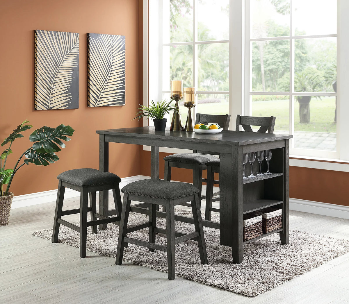 5pc Counter Height Dining Table with Storage Shelves U18902