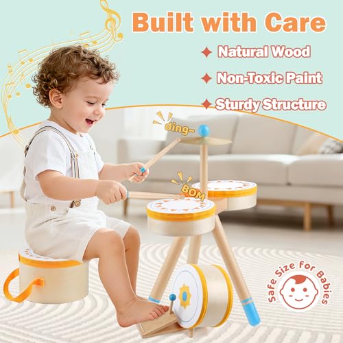 Wooden Kids Drum Kit with Cymbal, Pedal Bass Drum & 2 Drumsticks I482858