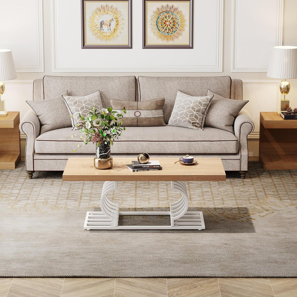 47 Inch Rustic Coffee Table with Geometric Frame E957