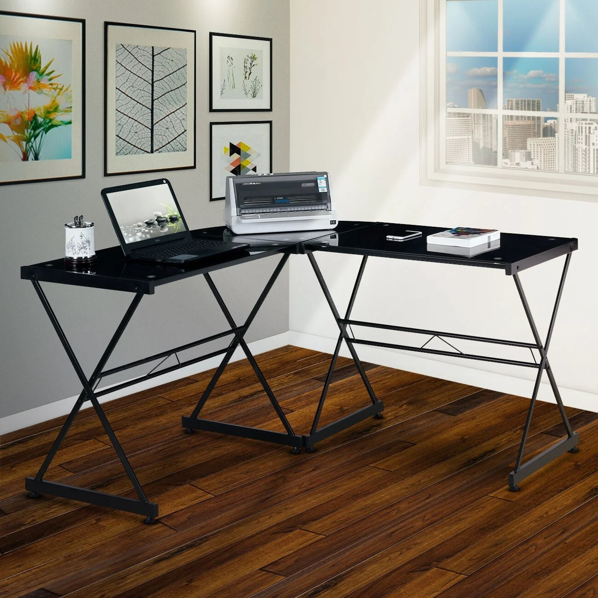 L-Shaped Glass Computer Desk Y40280