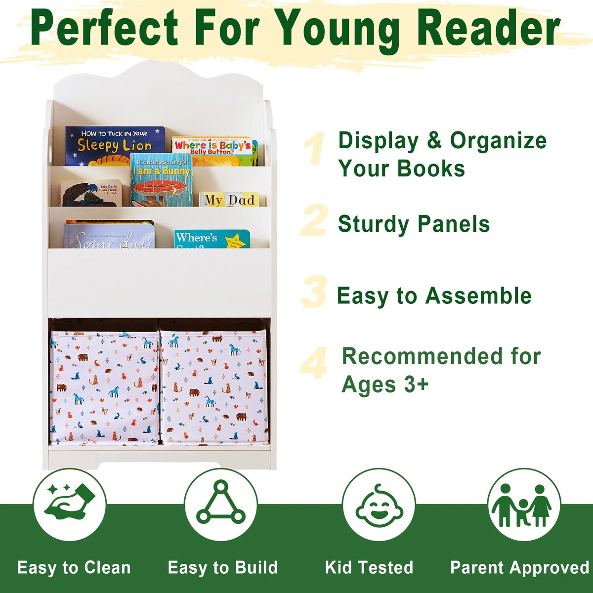 White Wood 4 Tier Kids Bookshelf with Toy Bin E651