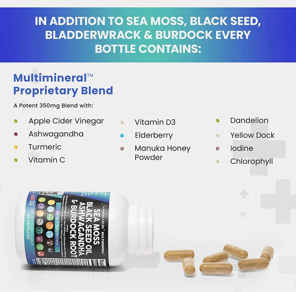 Sea Moss Black Seed Oil Ashwagandha Turmeric Bladderwrack Burdock Vitamin C D3 R7372
