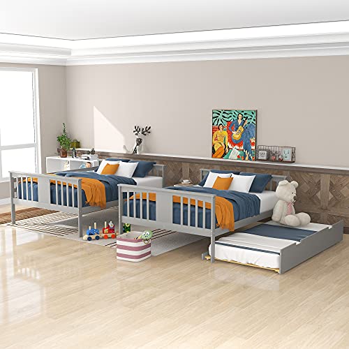 Twin Over Twin Solid Wood Bunk Bed with Stairs Slide Desk Storage Drawers Shelves Gray A670093