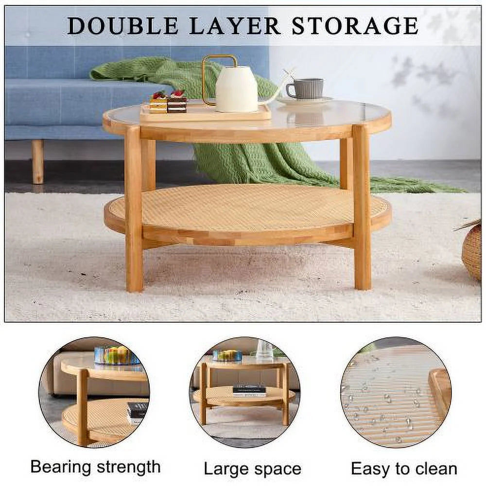 Round 2-Tier Glass Coffee Table with Solid Wood Legs H305692