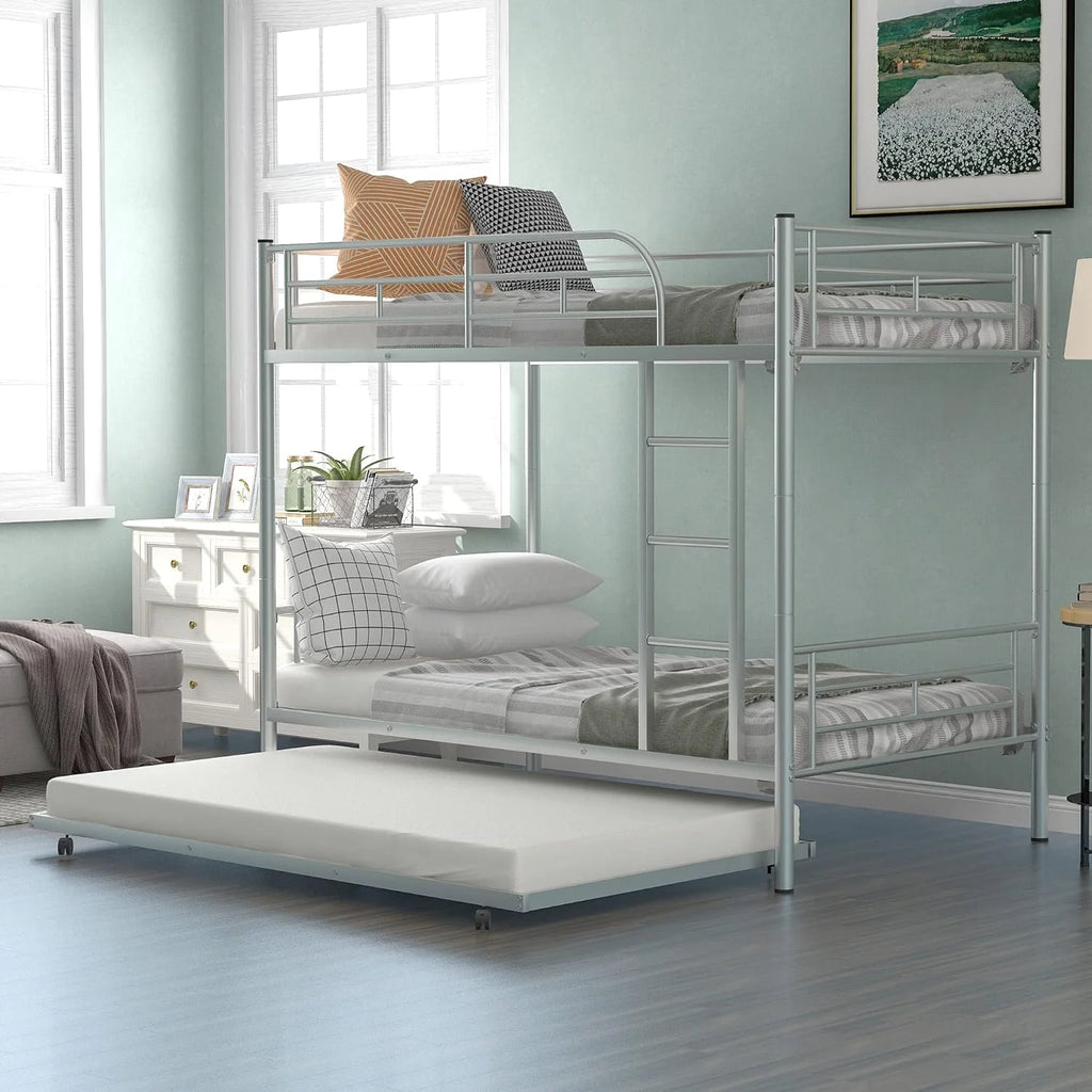 Metal Bunk Bed with Trundle and Safety Guard Rails C6665