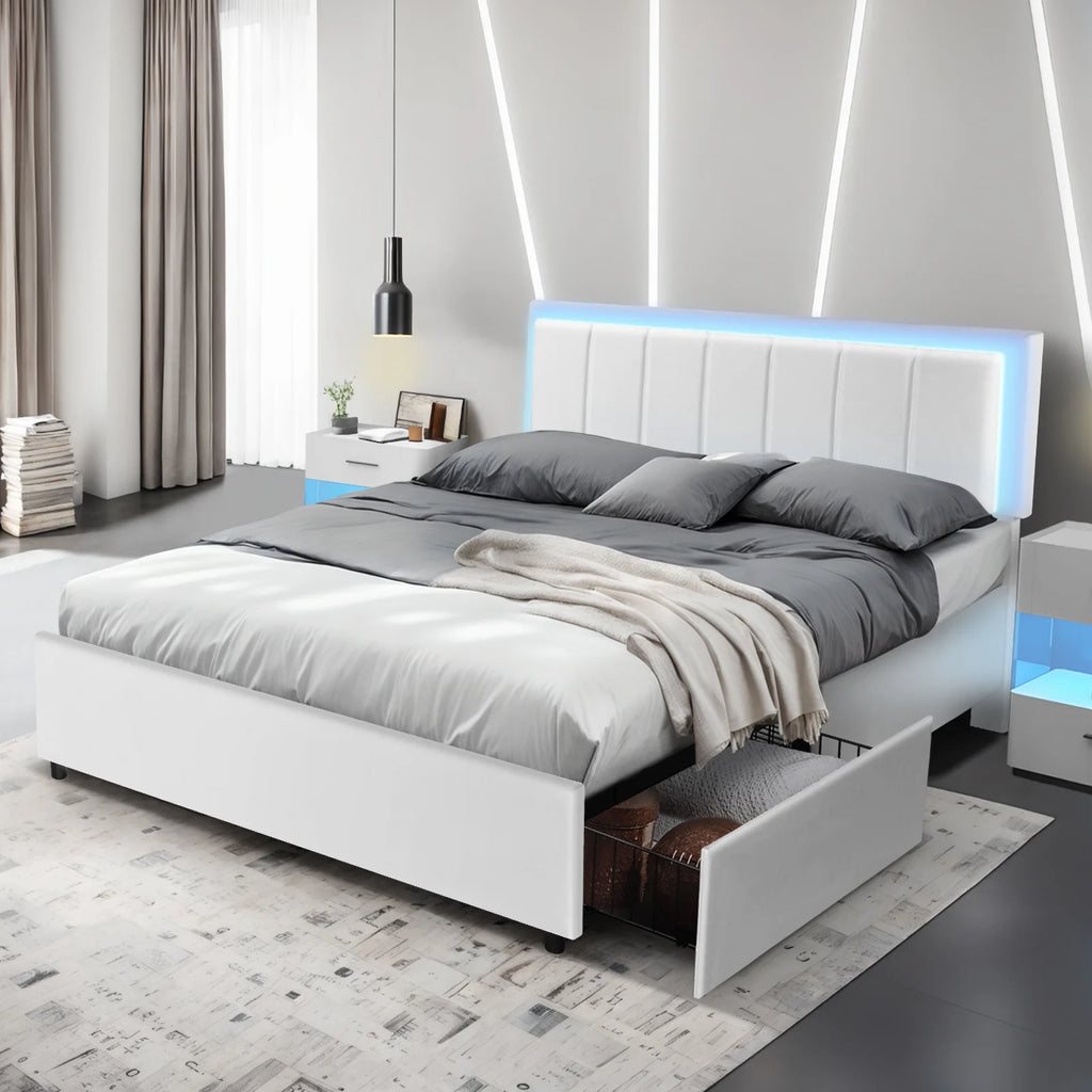 Queen Size White Upholstered Platform Bed Frame with 4 Storage Drawers W9050