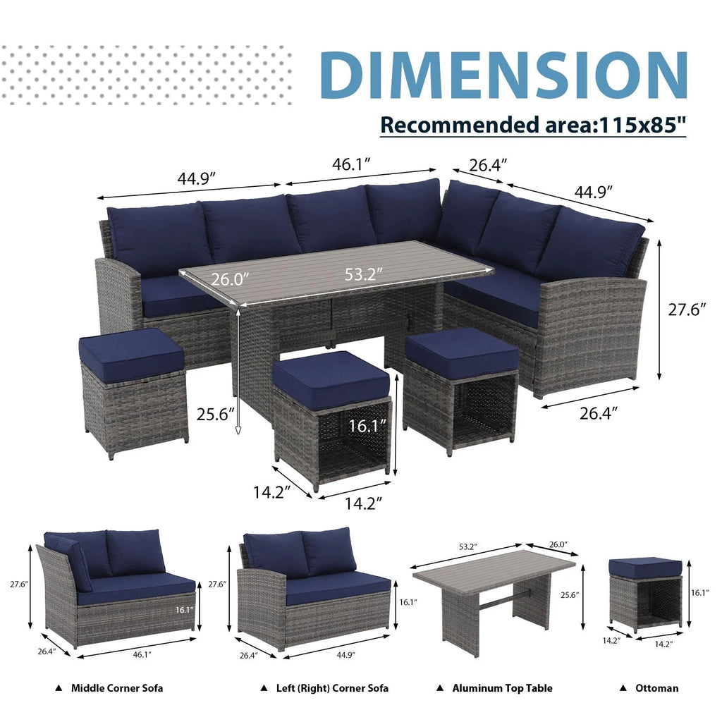 7 Piece Patio Furniture Set with Dining Table and Ottomans C4095