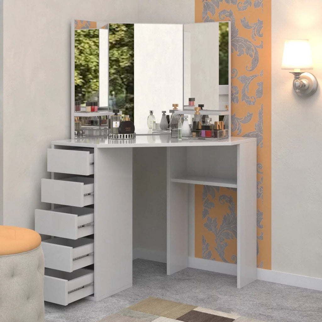 Corner Makeup Vanity Desk with 3 Mirrors and 5 Drawers H82332