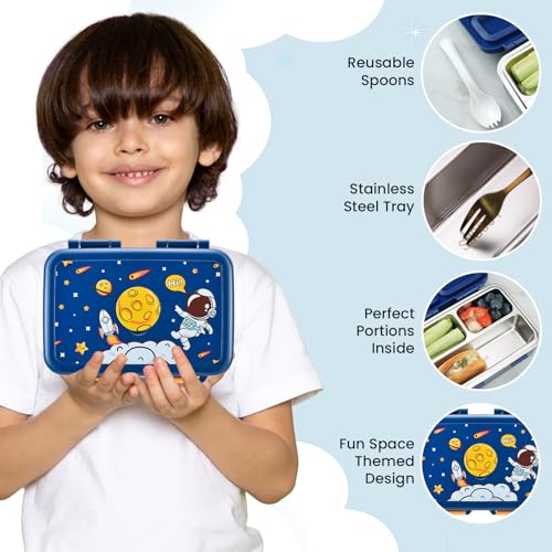3-Compartment Kids Bento Lunch Box with Leak-Proof Lid, Spoon & Stainless Steel Tray A2859