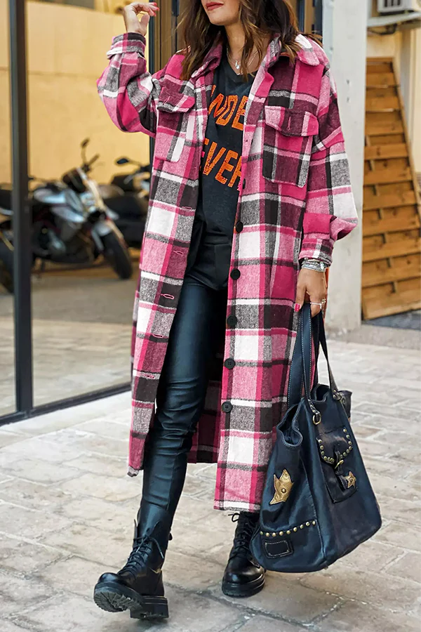 Plaid Button Pocket Shirt Collar Outerwear T320