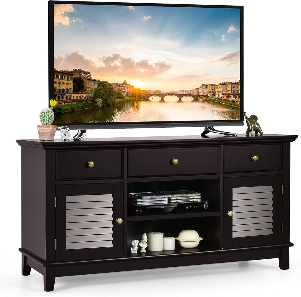 Brown Wood TV Stand with 3 Drawers and 2 Shutter Door Cabinets M59988