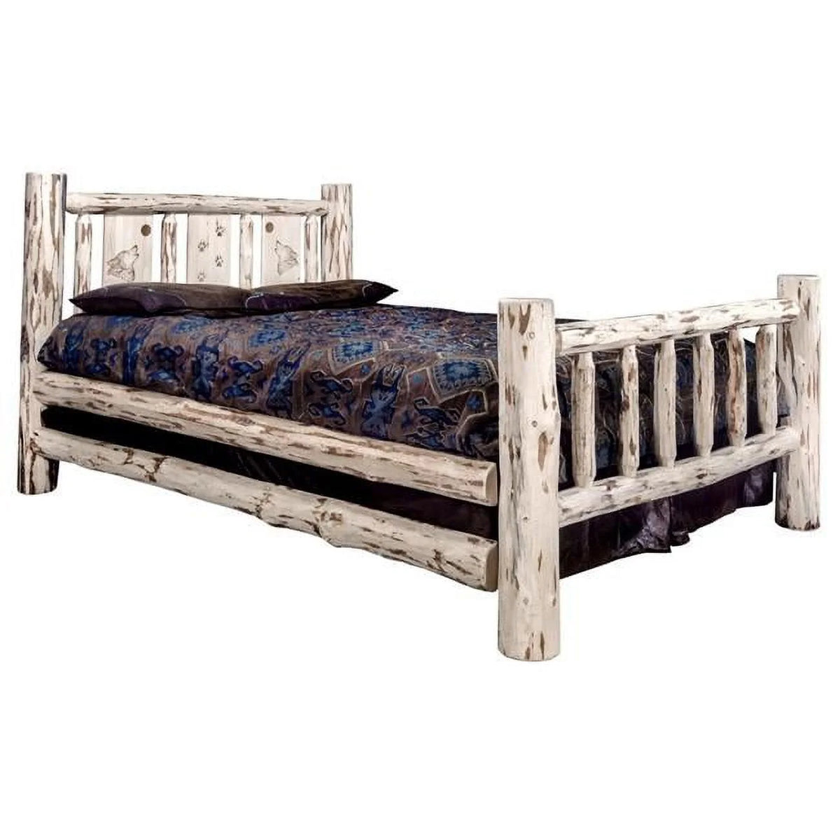 Wood Twin Bed with Laser Engraved Wolf Design in Natural V574