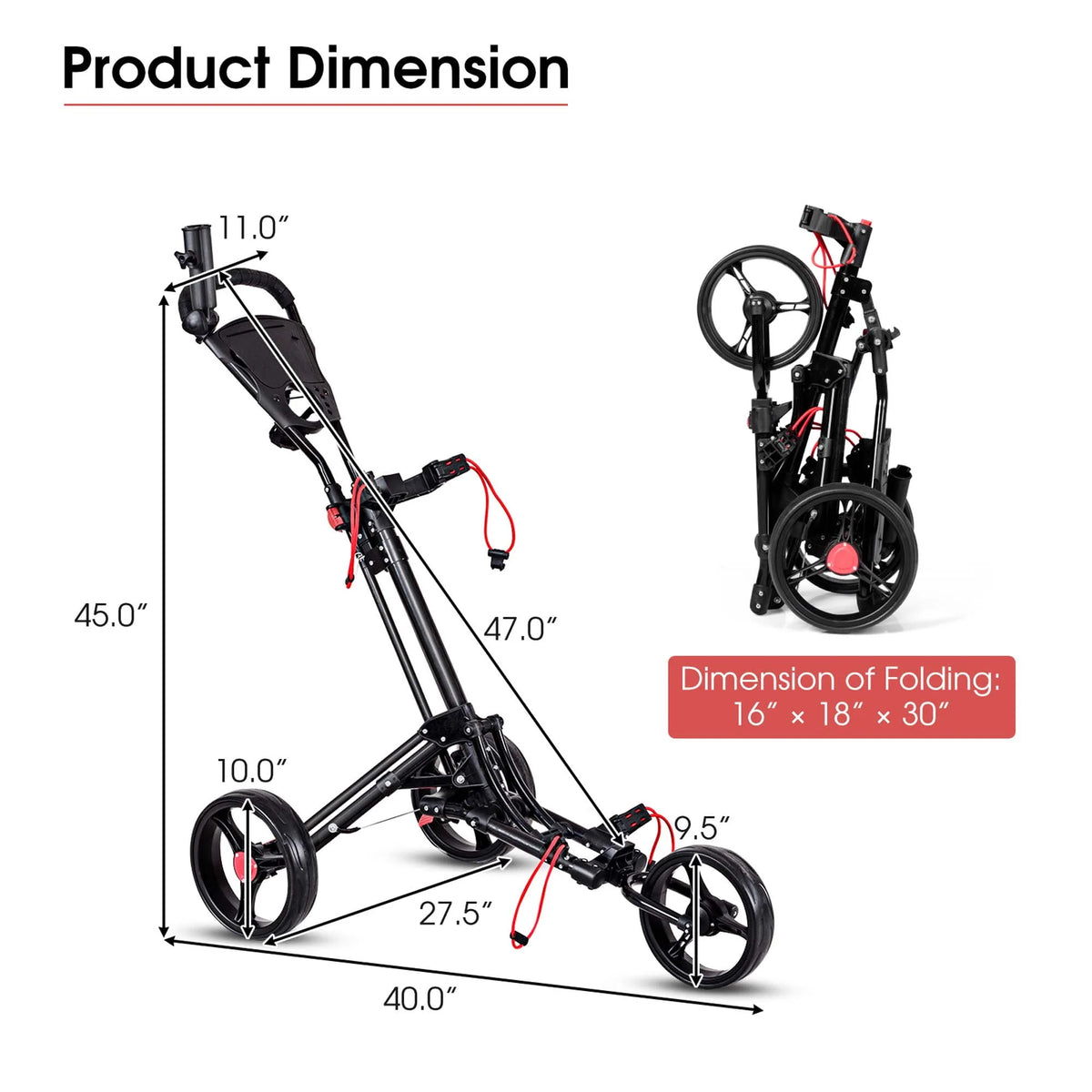 Foldable 3 Wheel Steel Golf Push Cart with Umbrella Holder T78813