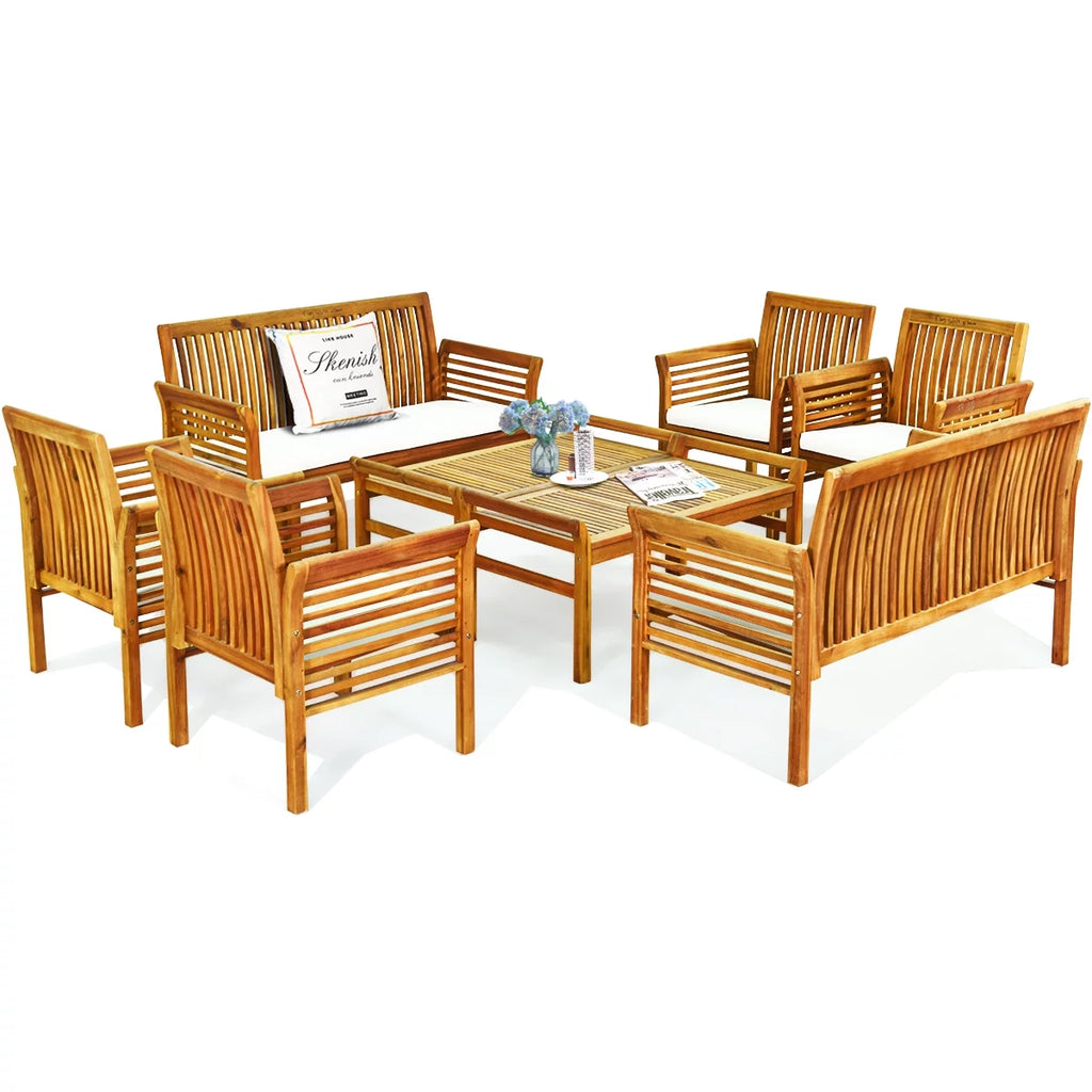 4-Piece Acacia Wood Patio Sofa Set with Beige Cushions V593